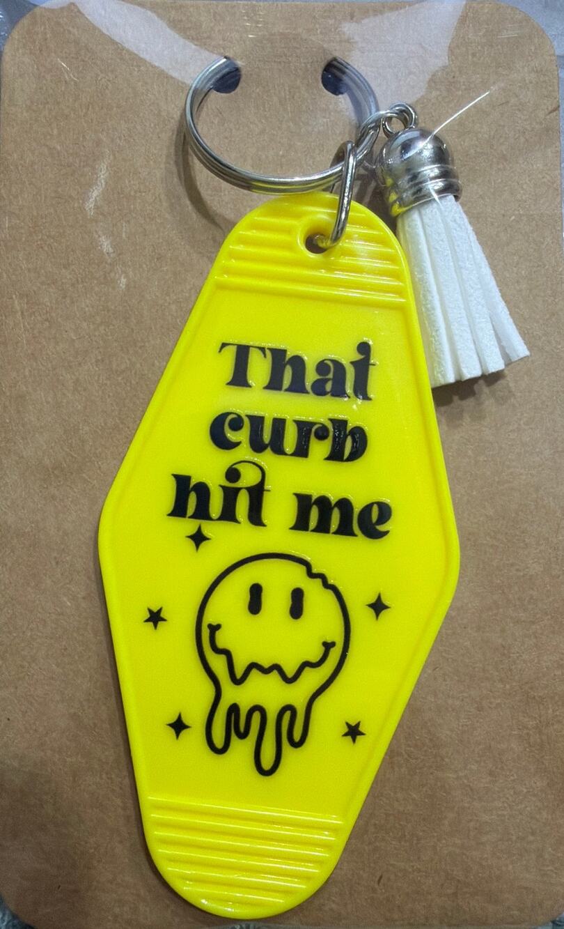 That Curb Hit Me Yellow & Black Vintage Hotel Motel Keychain Key Chain Handmade